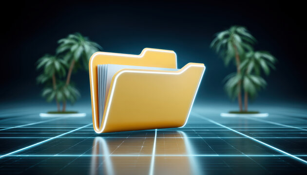Yellow folder icon on glowing grid with tropical palm plants creating futuristic relaxed digital vibe