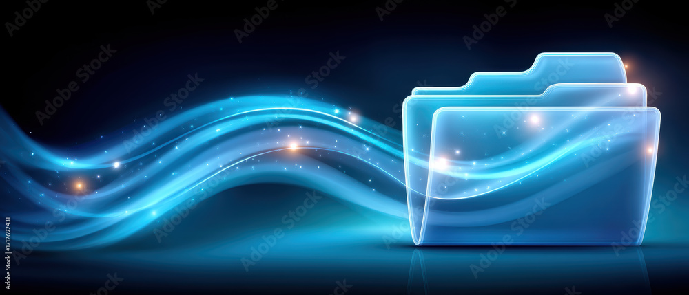 Poster glowing translucent folder with flowing blue light waves and sparkling particles conveying digital d