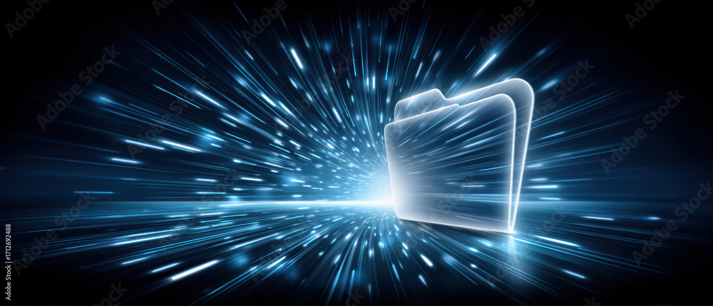 Poster glowing file folder speeding through digital light burst conveying fast data transfer and futuristic