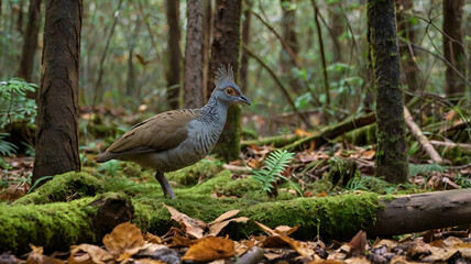 Fototapeta premium Elegant Crested Tinamou Hiding Among Fallen Logs Camouflaged perfectly among fallen logs and decaying leaves Ai