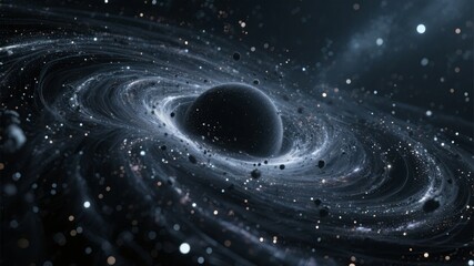 Artist rendering of a black hole with swirling accretion disk in deep space