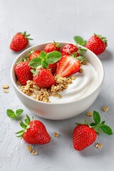 Yogurt bowl with fresh strawberries granola and mint leaves on gray background as healthy breakfast meal