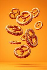 Crunchy pretzels with sesame seeds floating in motion on bright orange background creating bakery concept