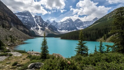 An emerald lake in the Canadian Rockies reflects the surrounding forest and snow-capped mountains under a summer sky
