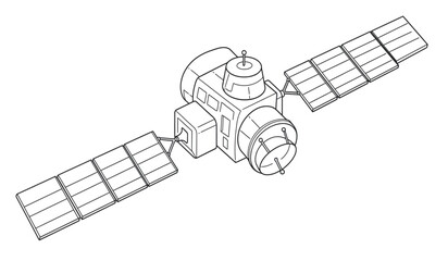 Detailed isometric line drawing of a space satellite with solar panels extending outwards in an orbiting composition isolated on white background © rsvect02