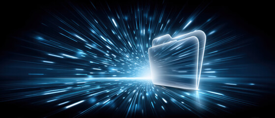Glowing file folder speeding through digital light burst conveying fast data transfer and futuristic technology excitement