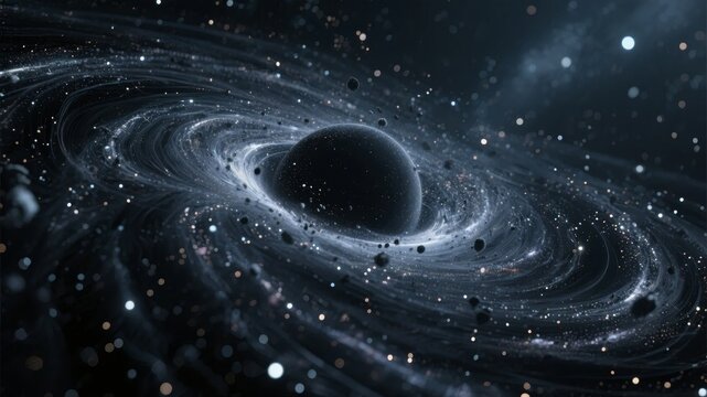 Artist rendering of a black hole with swirling accretion disk in deep space