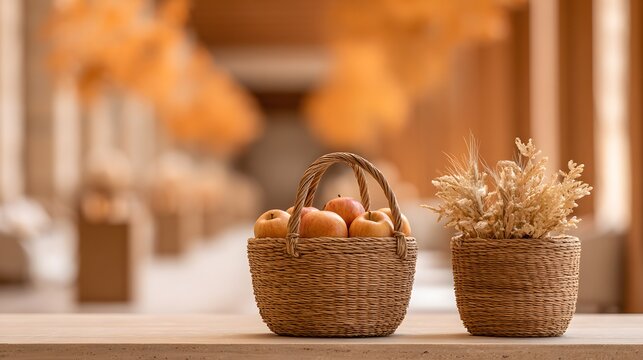 Luxury resort lobby blurred rustic autumn baskets filled with wheat and apples