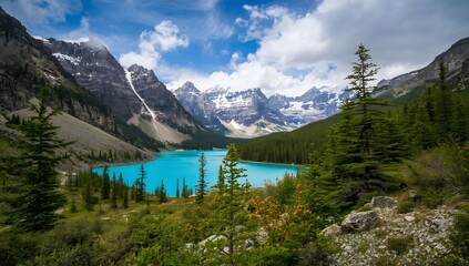 A scenic summer view of a Canadian mountain landscape with the reflection of the snow-capped peaks and green forest in a clear lake