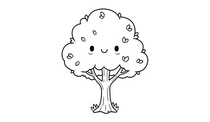 Cute cartoon tree with friendly face cheerful nature element simple outline drawing for coloring and children activities isolated on white background