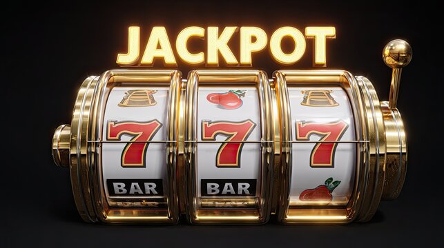 Golden slot machine with jackpot win showing three sevens and shining bright lights on black background