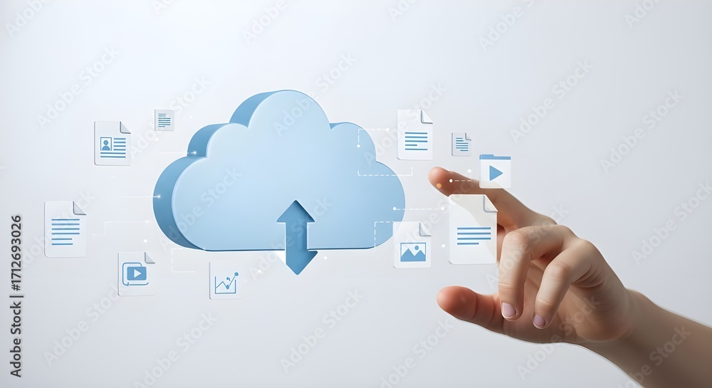 Aufkleber cloud computing concept with hand touching file on white background