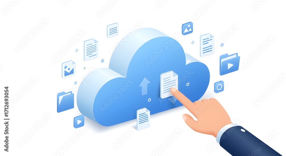 Aufkleber cloud computing with hand touching document upload, isometric vector illustration