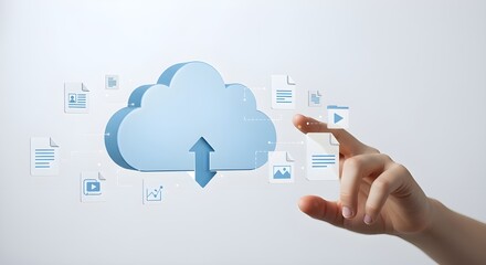Fototapeta premium Cloud computing concept with hand touching file on white background