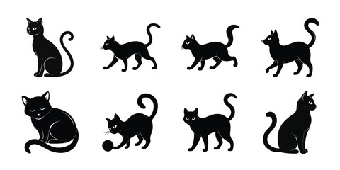 Eight black cat silhouettes in various poses on white isolated on the white background