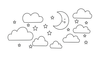 Obraz premium Whimsical hand-drawn moon and stars with fluffy clouds gentle night sky scene for children's designs and decorations isolated on white background