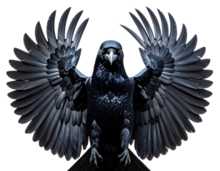 “Fierce Black Bird Spreading Wings, isolated on transparent background”.