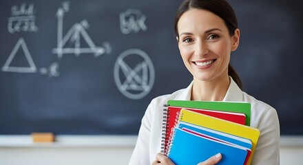 A smiling female teacher holding a stack of colorful notebooks in front of a blackboard with mathematical equations.