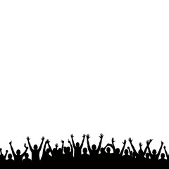 Silhouette of an excited crowd with arms raised jubilantly celebrating a vibrant event isolated on white background