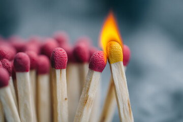 Burning match next to unlit ones, metaphor of social influence, 