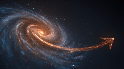 Glowing spiral galaxy, cosmic arrow, space dust, nebula swirl guide forward