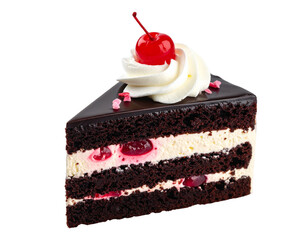 Festive Black Forest Gateau Slice with Cream and Cherry Topping, Party Dessert, Isolated PNG
