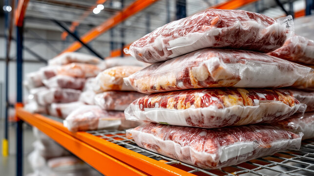 Frozen poultry and meat sealed in plastic packs stacked inside storage racks. no logo no text - Powered by Adobe