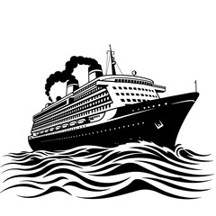 Obraz premium Majestic ocean liner cruises through wavy seas emitting smoky exhaust isolated on white background