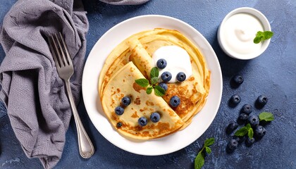 Pancakes topped with blueberries and cream