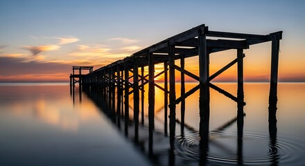 Silhouette of Old Wooden Pier at Sunset Over Calm Water.