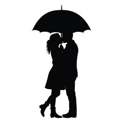 Romantic silhouette of couple kissing under an umbrella capturing a timeless moment isolated on white background