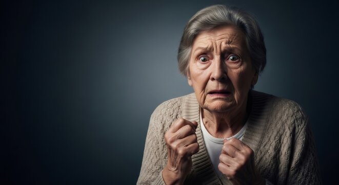 Elderly woman with scared, wide eyes and clenched fists, expressing fear and anxiety. Emotionally distraught senior for mental health awareness. - Powered by Adobe