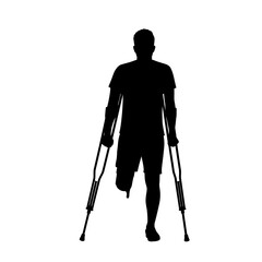 Silhouette of a person with a prosthetic leg walking with crutches symbolizing recovery and support isolated on white background