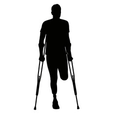 Silhouette of a person with prosthetic leg and crutches walking forward symbolizing strength and resilience isolated on white background