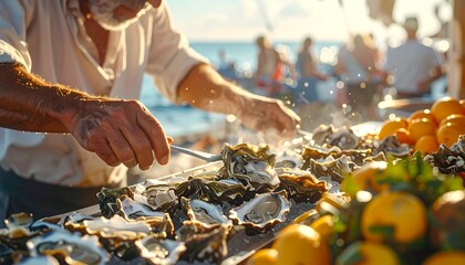 Savoring the coastal lifestyle with freshly grilled oysters prepared by a street vendor at a sun-drenched food event