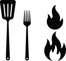 Cooking icons, kitchen tools, spatula silhouette, fork vector, flame symbol, grilling utensils, heat icon, BBQ design, culinary elements, fire graphic, silhouette, food preparation, kitchen safety