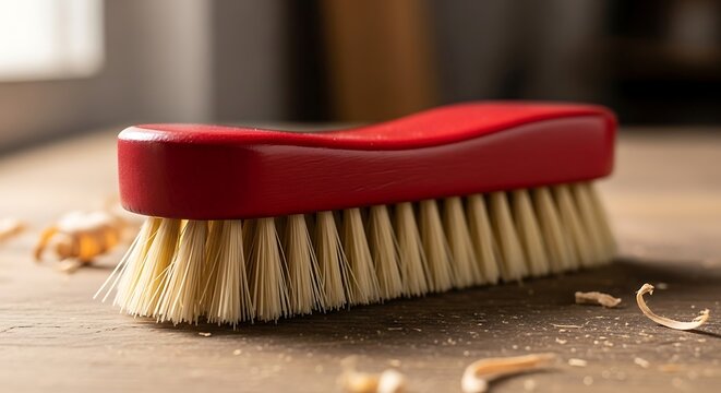 Red cleaning brush sweeping wood shavings on a dusty workshop table. - Powered by Adobe