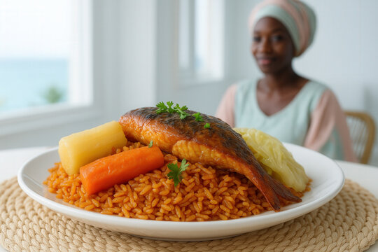 Senegalese Thieboudienne With Fried Fish Over Spiced Rice, Carrot Cassava And Cabbage