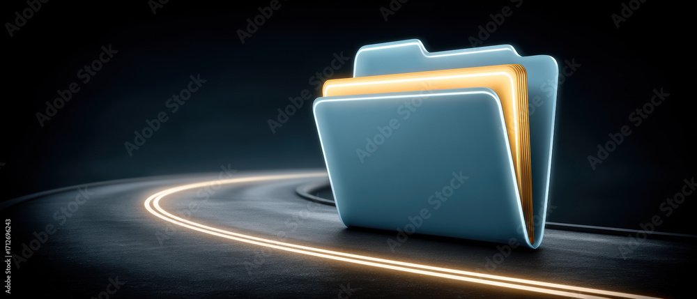 Poster glowing digital folder on dark road with light trail conveying data transfer and fast access, futuri