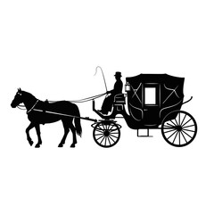 Elegant horse-drawn carriage with driver and passenger silhouette isolated on white background © mrvect02