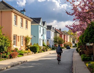 Cyclist Riding in Peaceful Suburban Area