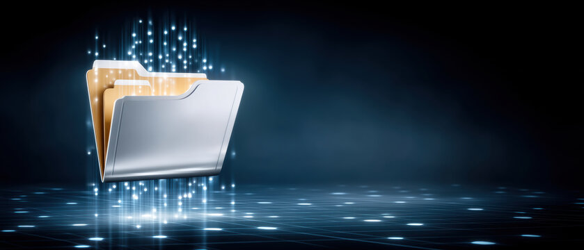 Digital folder with glowing data particles and floating file inside dark network space conveying secure transfer and futuristic storage optimism