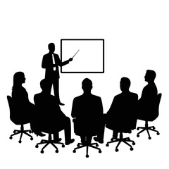 Business meeting presentation silhouette people gathered around discussing ideas around a projector screen isolated on white background