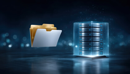 Folder and server tower with glowing data transfer, digital storage concept showing secure cloud migration and efficient file management