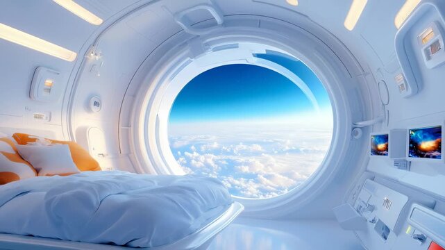 Minimalist white interior of spacecraft bedroom with large circular window revealing cloud landscape. Soft blue bedding, orange accent pillows, advanced technological panels.