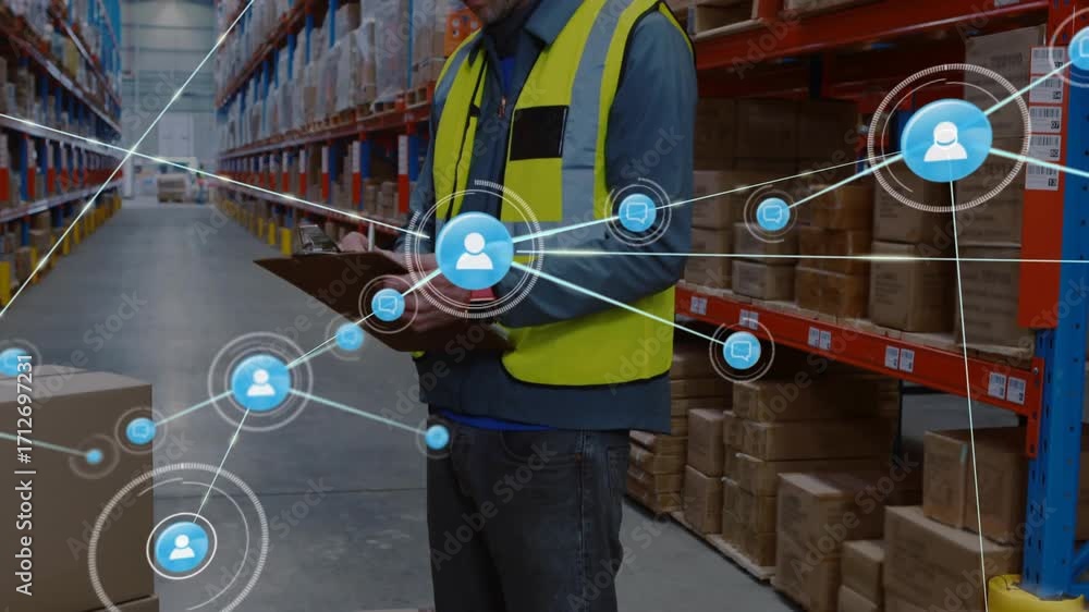 Poster logistics worker reaching clipboard checking stock count network graphic expanding around racks