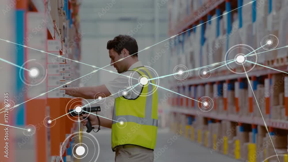Poster warehouse worker picking box, scanning label with data nodes and lines expanding across aisle