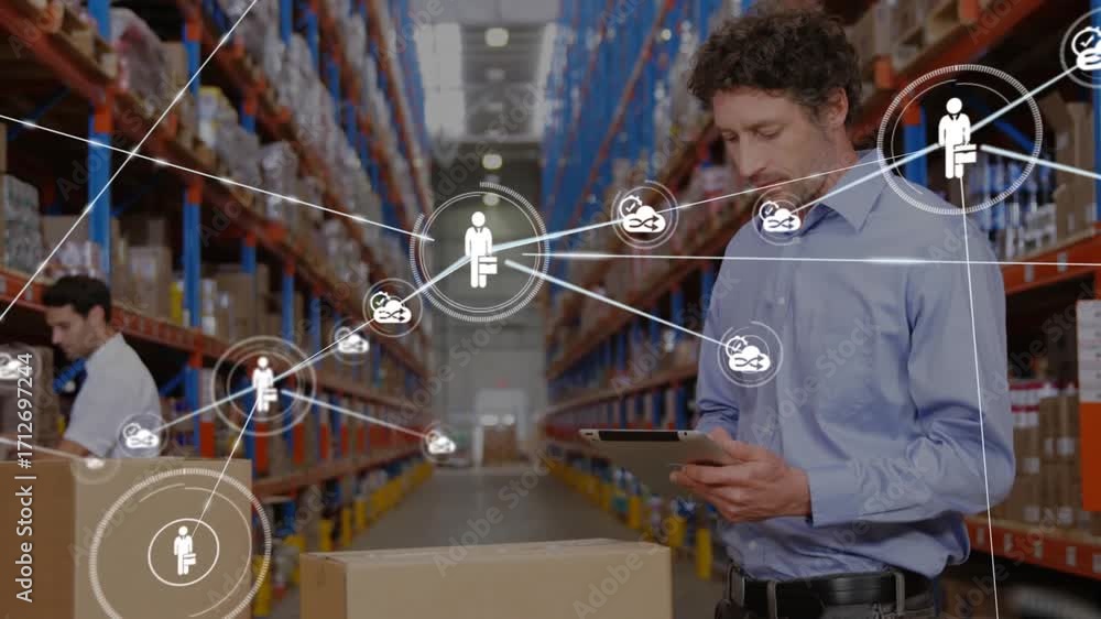 Poster warehouse supervisor generating supply chain network by scrolling handheld device for monitoring