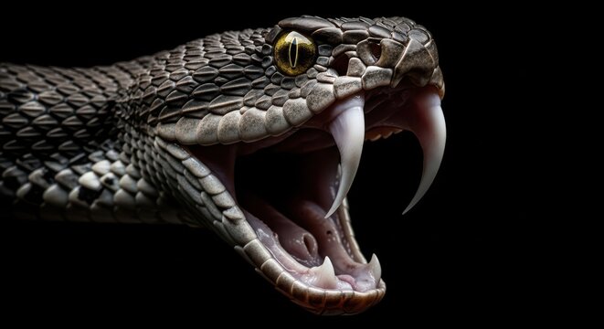 Close up of a venomous snake head with fangs and open mouth