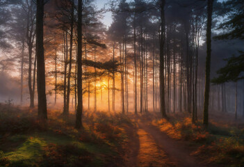 Obraz premium Gorgious A path through the woods with the sun shining through the trees